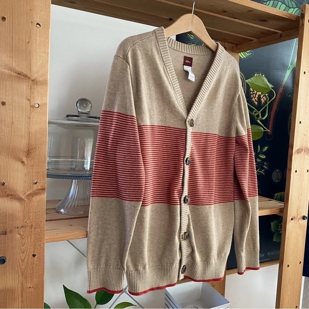 Tea Collection Tan Red Stripe Pima Cotton Cardigan Sweater